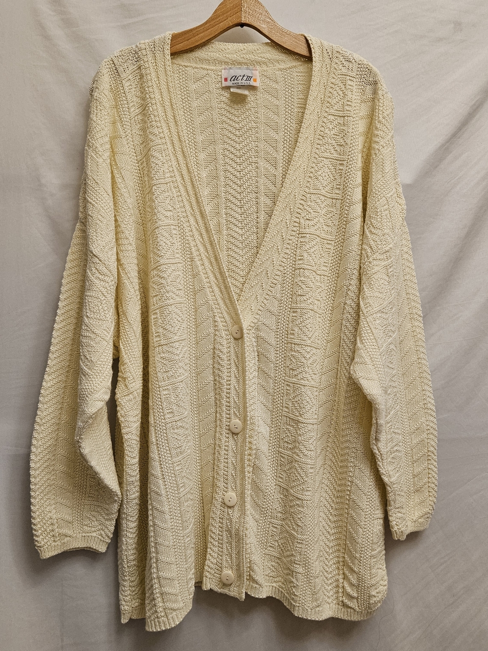 Act III Vintage Cream Cable Knit Cardigan Chunky Plus Womens 24 Deep V-Neck USA